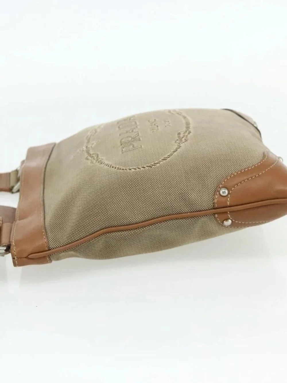 PRADA Shoulder Bag Canvas Beige Silver Auth ka3997